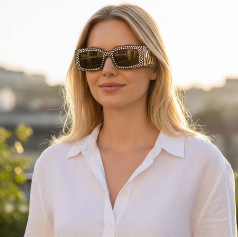 Gucci Designer Rhinstone Diamonds Rectangular Black New Sunglasses - Picture 9 of 14
